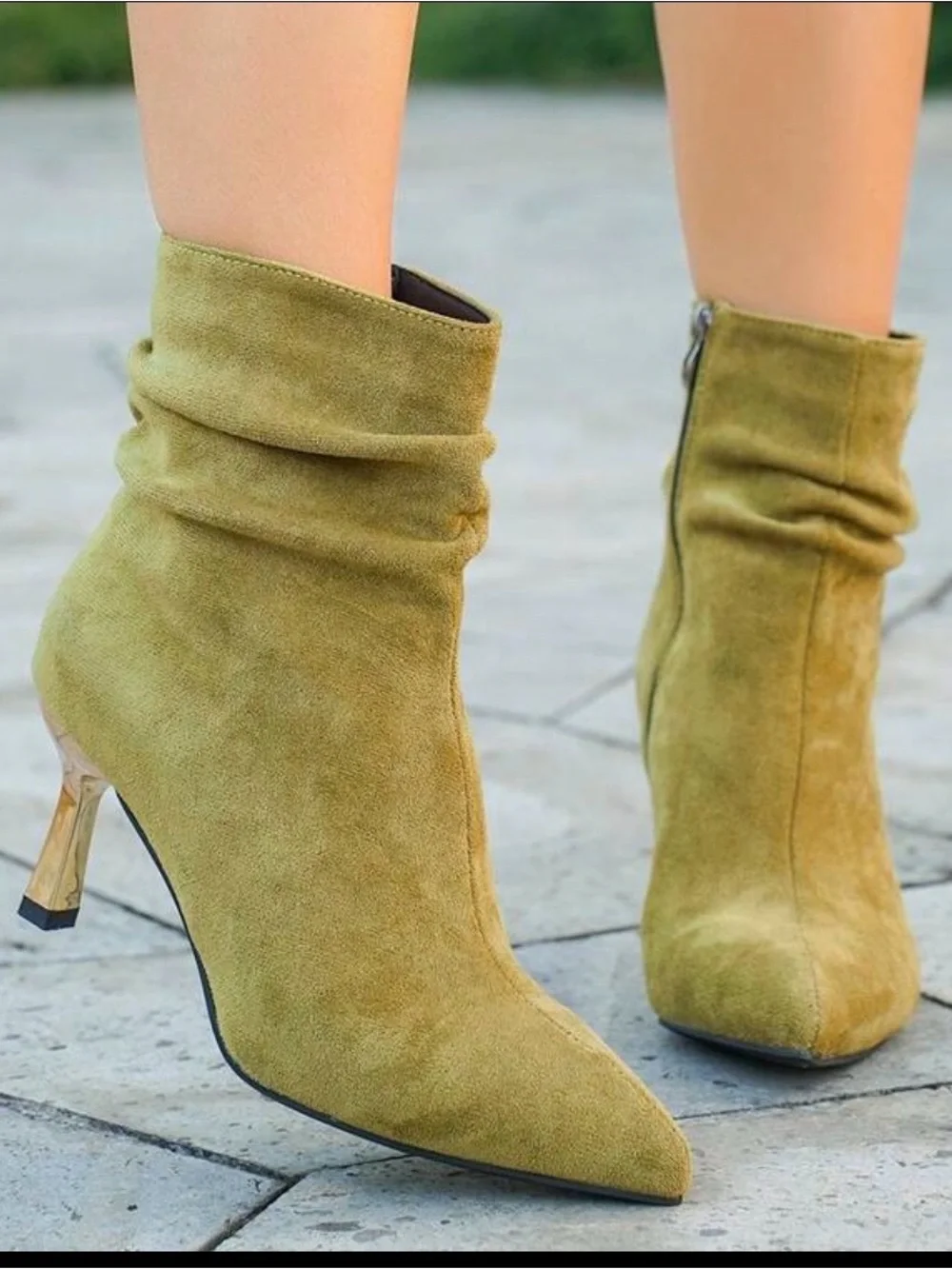 Olive Green Suede Pointed Toe Ankle Boots with Metallic Heel